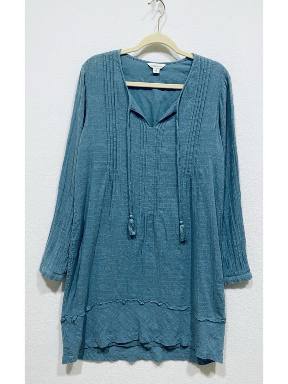 Sundance Dress Womens Small Sky Blue Pleated Textured Tassel Tie Boho Peasant